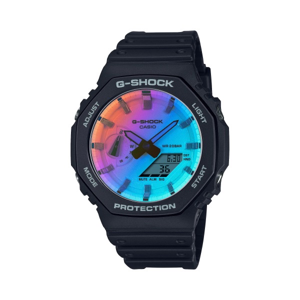 【CASIO G-SHOCK】彩虹玻璃漸變耐衝擊八角輕透運動數位腕錶-透明 GA-2100SR-1A