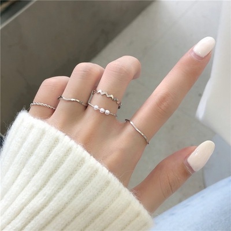 時尚創意金屬戒指套裝簡約奢華珍珠幾何可調節手指戒指女士首飾配件 5 件/套
