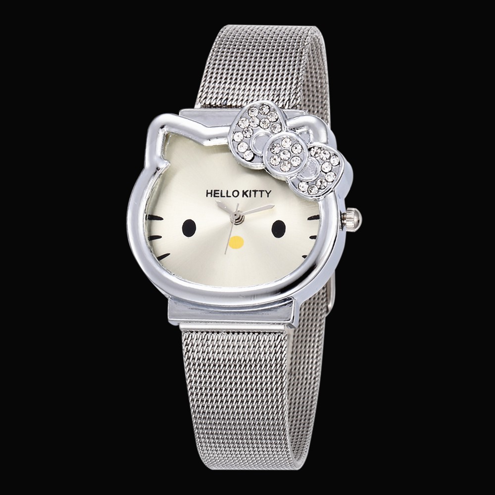 Hello kitty 不銹鋼手錶  可愛的卡通手錶時尚女士腕錶  Kitty手錶 鋼帶手錶 大錶盤 貓頭手錶 石英手錶