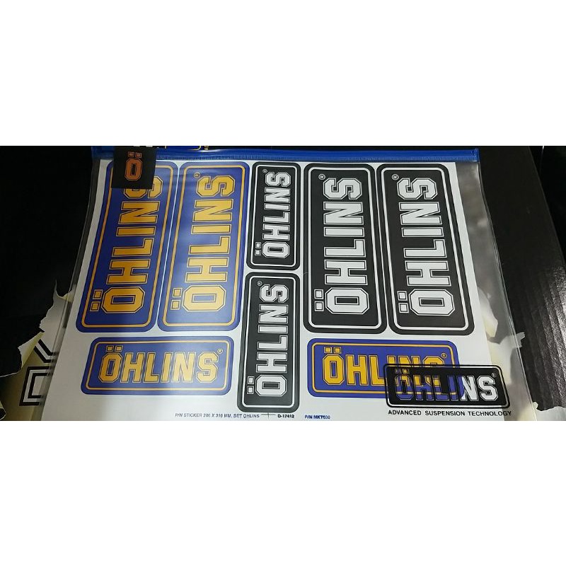 OHLINS原廠精品-貼紙組, 共九張，附原廠LOGO透明文件袋