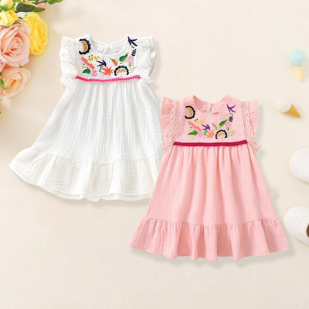 1-5歲 嬰兒女嬰 夏季純棉麻連衣裙 荷葉邊精緻繡花白色連衣裙 寶寶小洋裝 休閒節日衣服派對服裝
