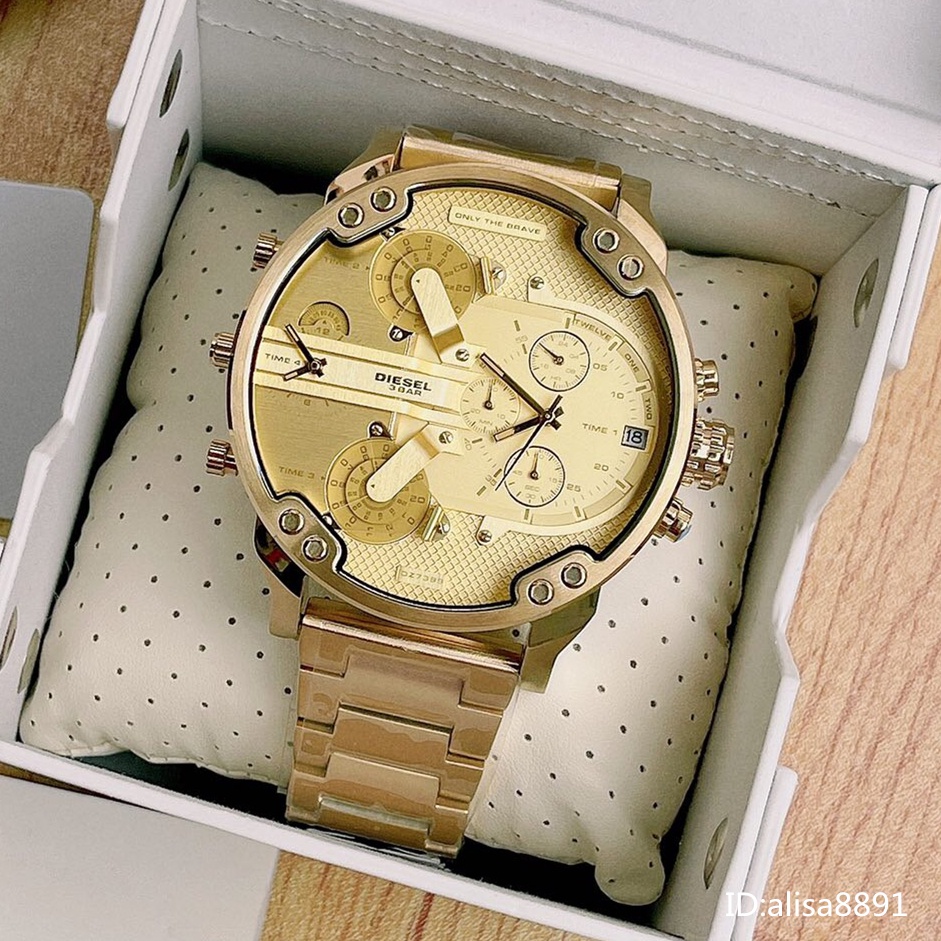 商務休閒男生手錶 金色鋼帶 四區時計時手錶 多功能日曆防水男錶 迪家手錶 57mm大直徑男生腕錶DZ7399