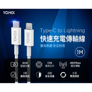 YOMIX 優迷 Type-C to Lightning 快速充電傳輸線1m(支援30W/480Mbps) 蝦皮直送