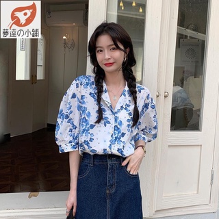 《夢達の小鋪》韓國甜美短袖上衣2021新款韓版洋氣藍色碎花襯衫女設計感小眾時尚襯衣