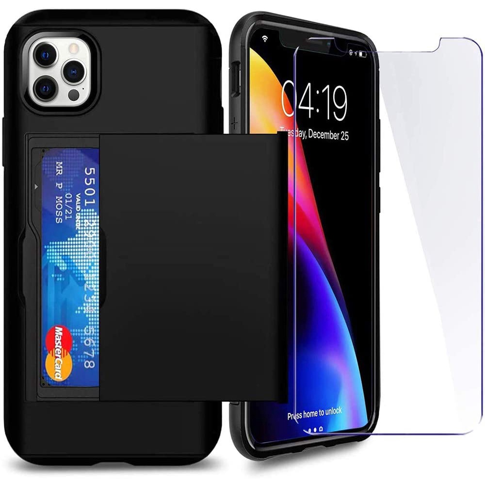 適用於 iPhone 11 12 Pro Max 超薄防震硬背矽膠雙層保護信用卡夾身份證槽錢包保護套帶玻璃