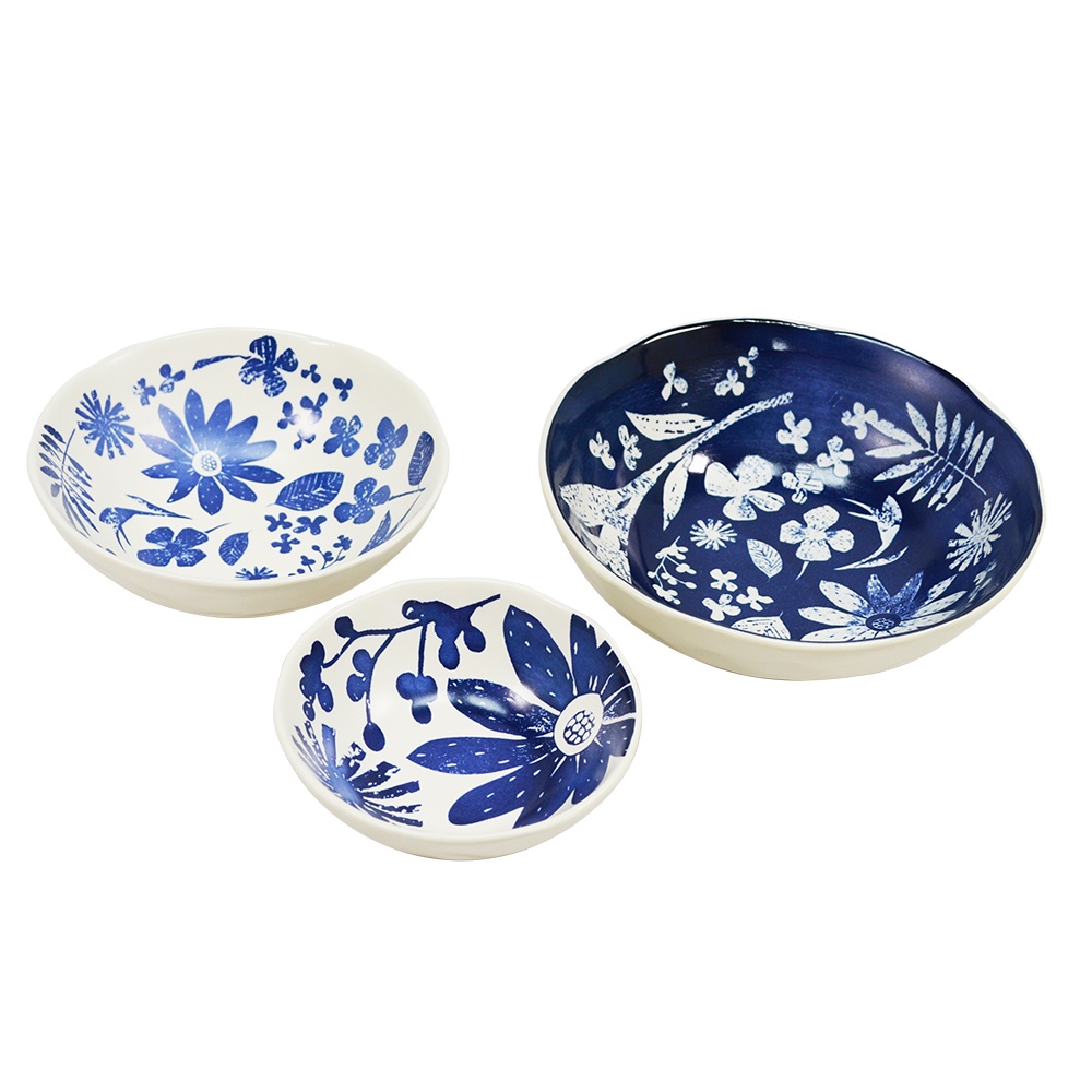 【YU Living】花紋印花陶瓷餐碗三件組 湯碗 湯盤 (藍色) [折扣碼現折]