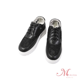 MIRA 真皮蕾絲網狀透氣鑽飾休閒鞋-黑-W18445N01