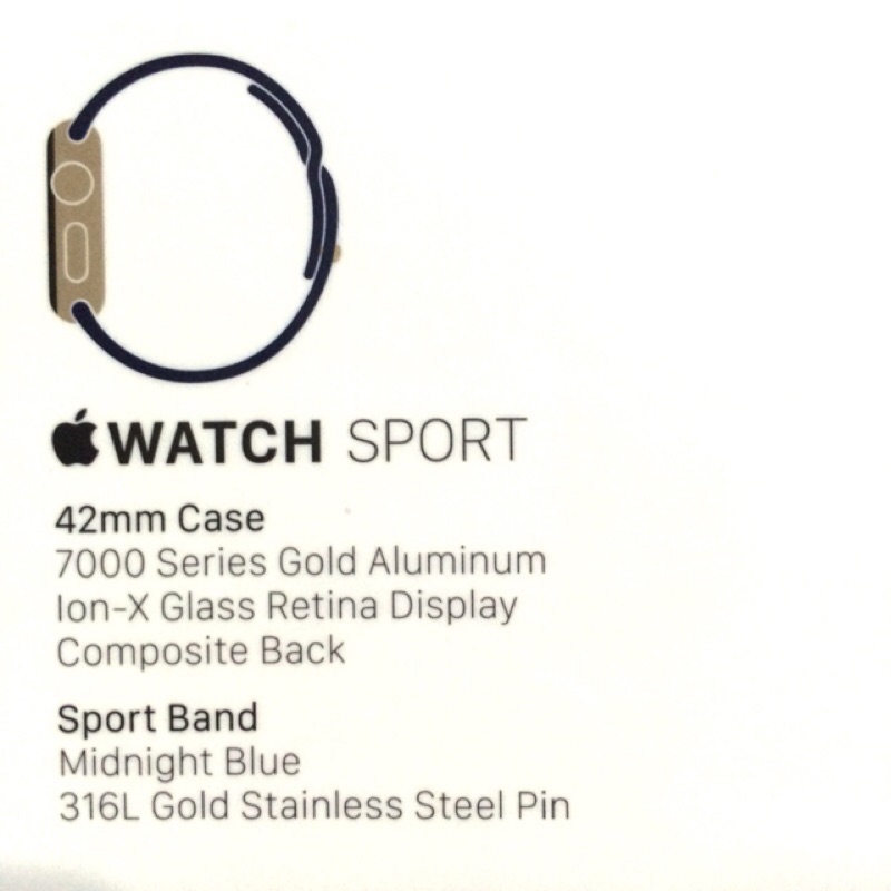 [全新] [第一代] Apple Watch Sport 42mm 金色鋁金屬錶殼搭配午夜藍色運動型錶帶
