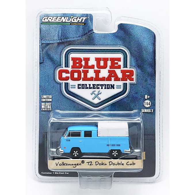 【秉田屋】現貨 Greenlight Volkswagen T2 Doka Double Cab 貨卡 藍 1/64