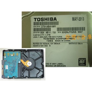 【登豐倉庫】 F190 Toshiba DT01ABA100V 1TB SATA3 摔到硬碟 救資料 修硬碟 電流沖擊