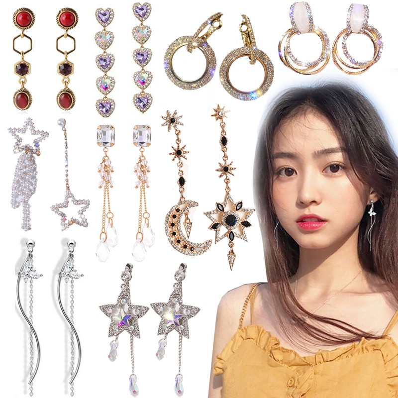 Caroline 韓國熱賣造型時尚Bling Bling 水晶鑽優雅性感 長款不對稱耳環70048