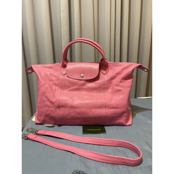 LONGCHAMP 粉色真皮水餃包 小羊皮 摺疊包 短把兩用包 法國品牌 二手真品 通勤包 大包