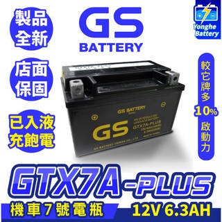 永和電池 GS統力 機車7號電瓶 GTX7A-PLUS 機車7號電池 同YTX7A BS ZTX7A BS 已入液充飽電