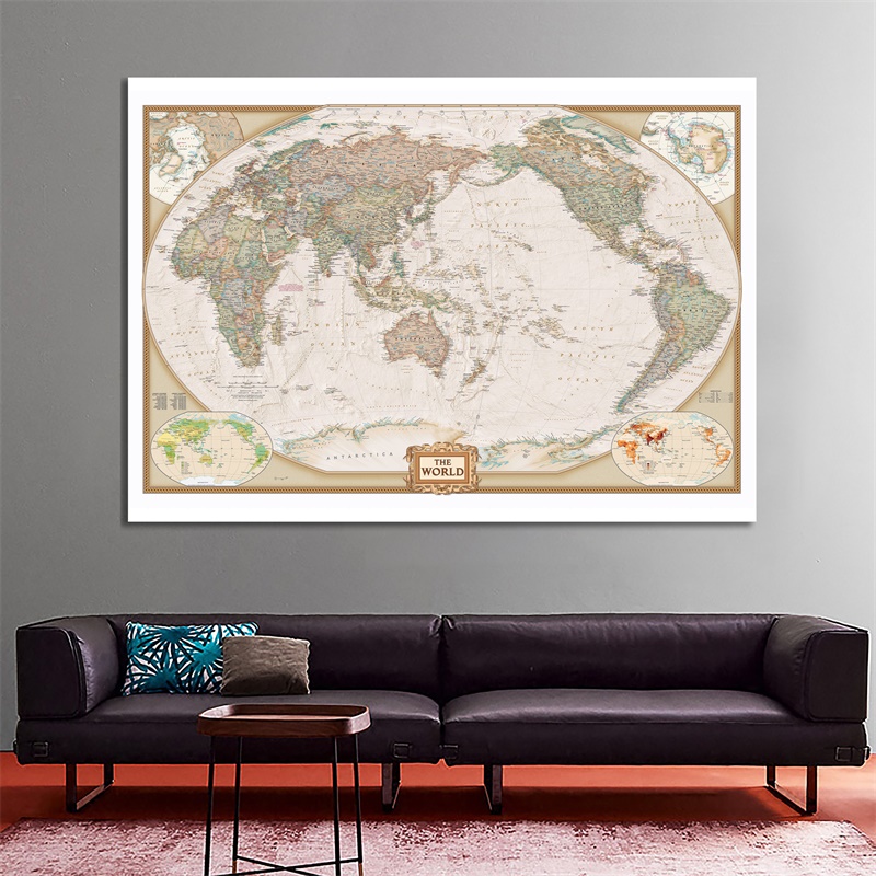 世界地圖 - 中心在太平洋世界政府中心地圖大海報印刷品壁掛藝術背景布牆裝飾