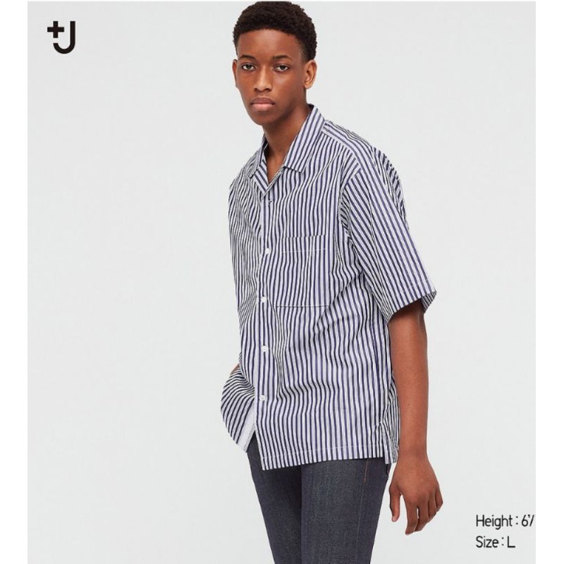 Uniqlo +J 男裝 寬版開領襯衫 短袖 藍條紋黑條紋SL Jil Sander sM