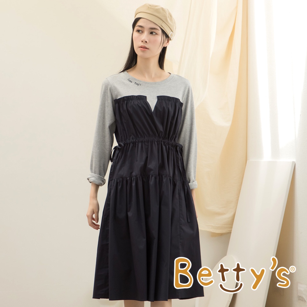 betty’s貝蒂思(15)假兩件腰抽繩拼接洋裝(藍色)