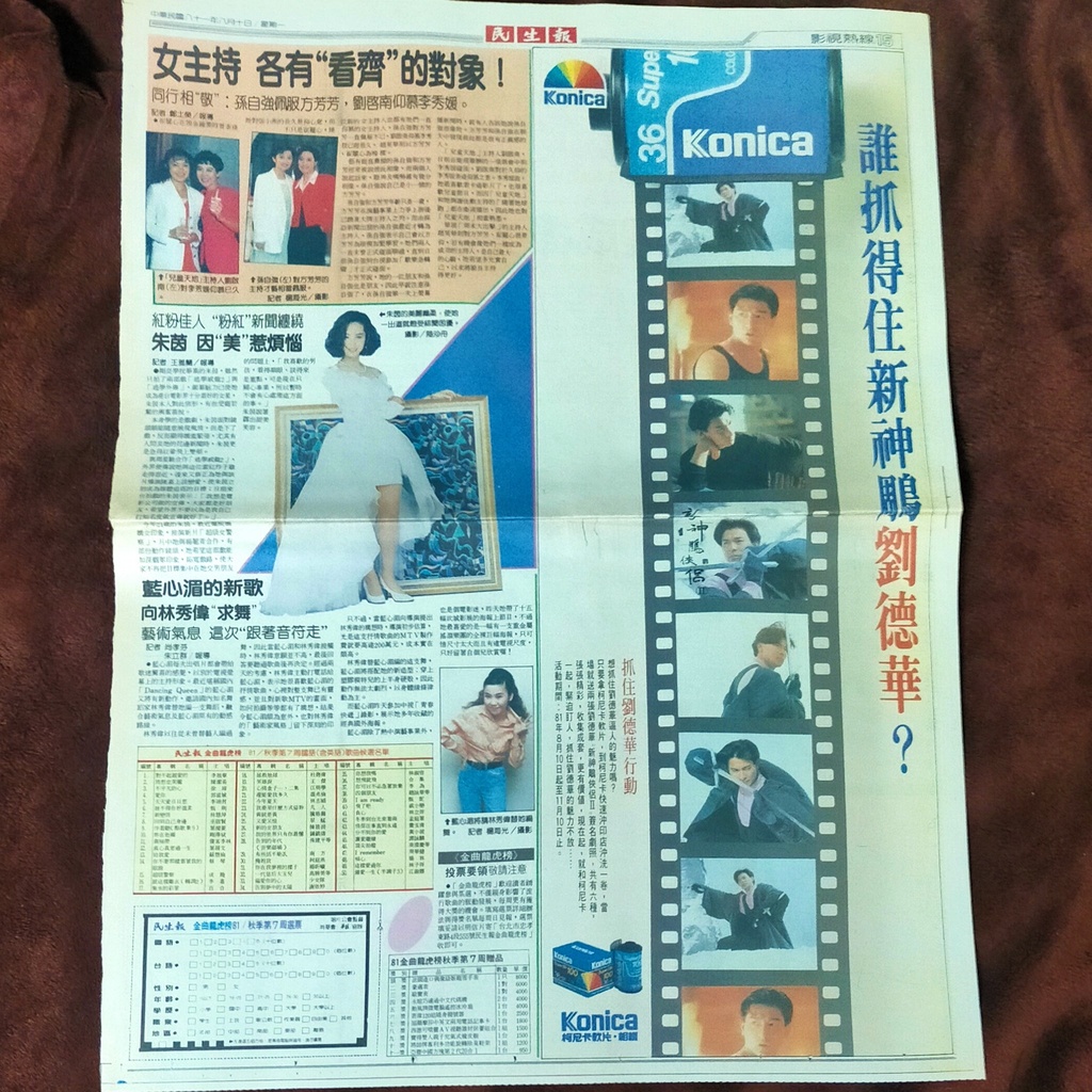 (全家運費優惠請私訊)劉德華「KONICA柯尼卡軟片」+「華世紀劉德華99演唱會」報紙廣告(2張合售)