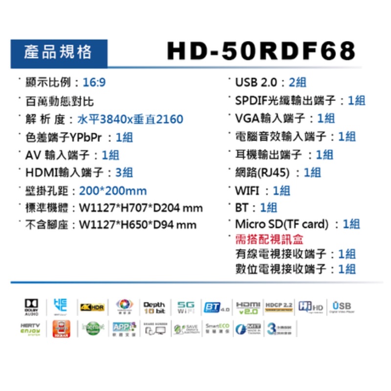 禾聯 4K電視聲控 HD-50RDF68 下單前請先詢問