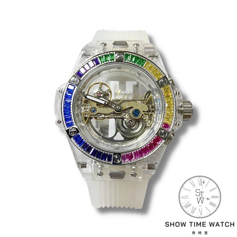 IDEE Transparent 客製化 品牌logo 金橋 簍空機械 腕錶 - 膠帶 彩水鑽框 ISR_RI01