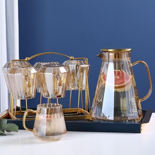 家用玻璃香檳條紋冷水壺套裝 涼水杯玻璃水壺耐熱高溫果汁壺