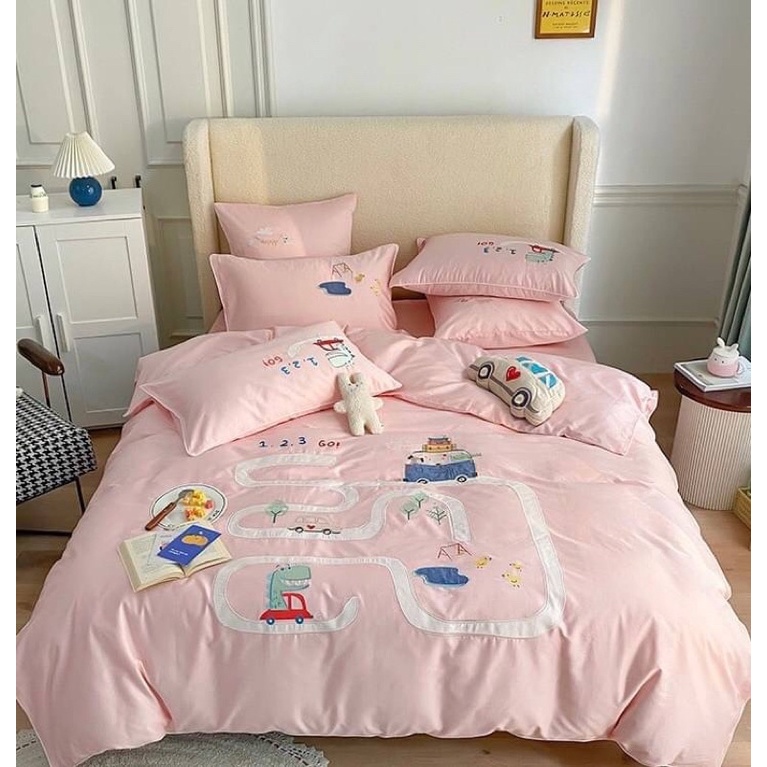 Little Bed小床-粉色車子圖案埃及棉床組四件組 全棉埃及長絨棉貢緞 日式寢具 床包