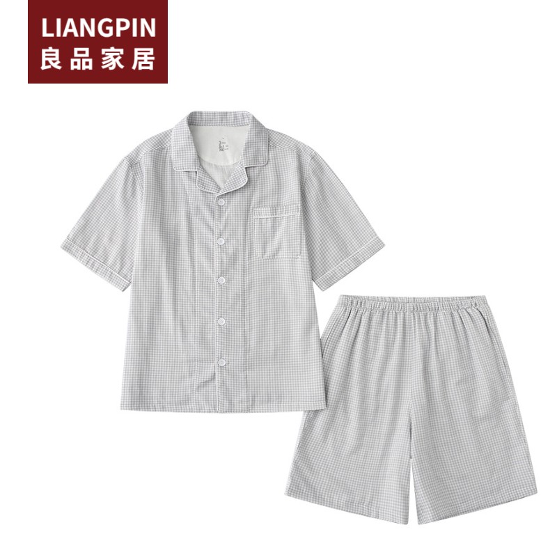 Muji無印良品雙層紗格紋短袖睡衣男款全棉睡衣夏天睡衣純棉家居服夏天家居服品牌睡衣muji睡衣舒適涼快睡衣良品家居