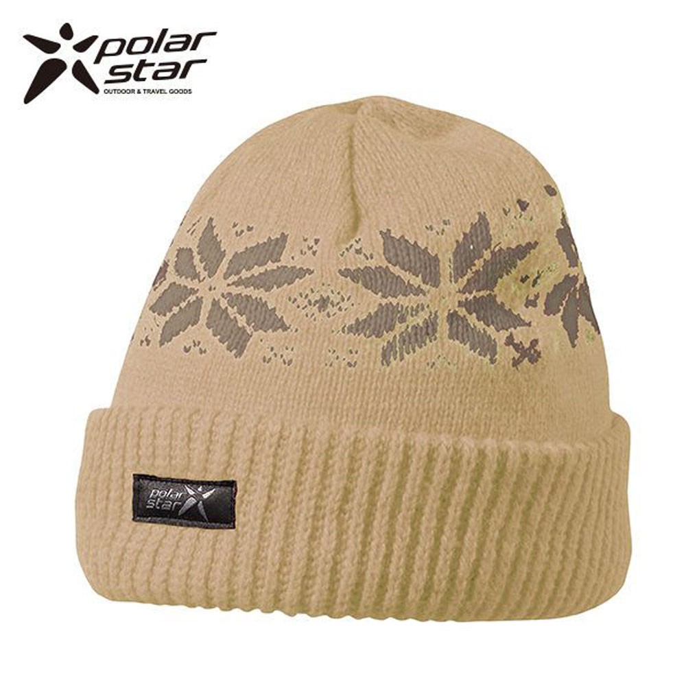 PolarStar 台灣製 反摺橫條羊毛保暖帽(內襯刷毛布，降低刺癢感) P13606『卡其』