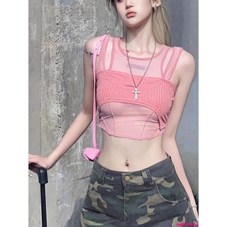 范范百貨-粉色薄紗背心吊帶兩件套女夏季新款純欲街頭辣妹風修身露臍短上衣