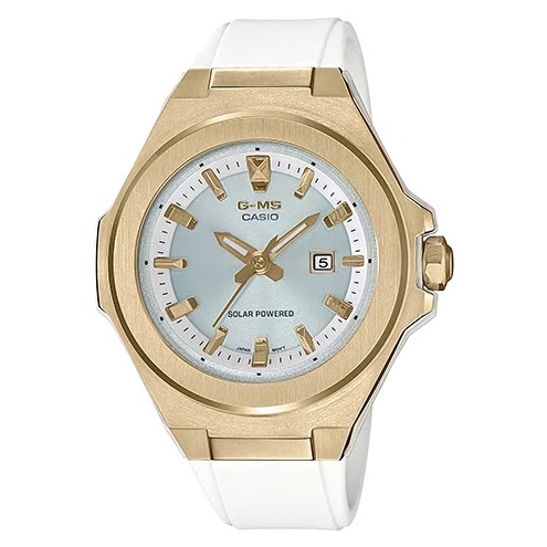 【CASIO】Baby-G MSG系列 金色不鏽鋼殼X白色錶帶 太陽能素面女錶 MSG-S500G-7A 台灣公司貨