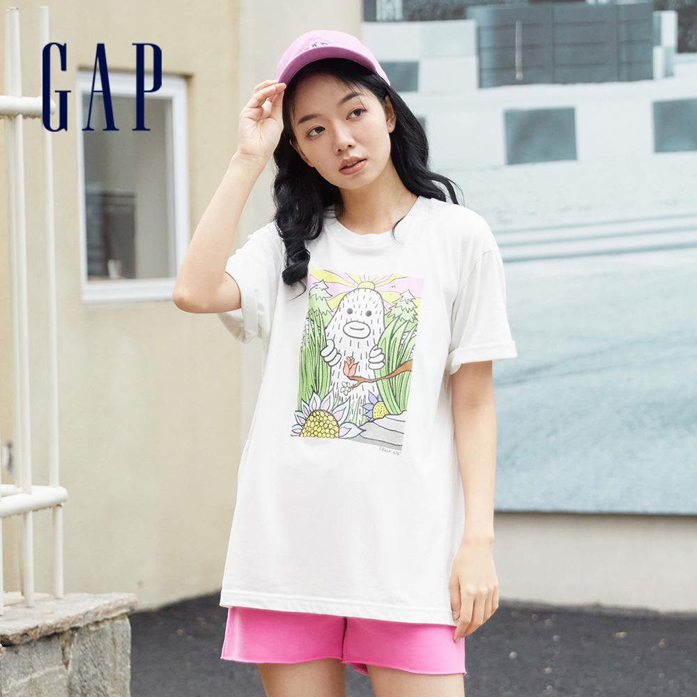 Gap 男女同款 Gap x FRANK APE藝術家聯名 Logo/印花短袖T恤-灰白色(796258)
