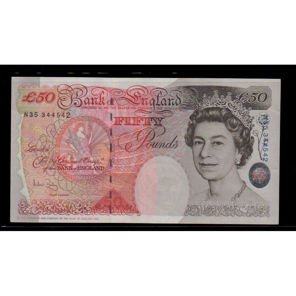 【低價外鈔】英國1994 (2006)年50POUNDS 英鎊 紙鈔一枚，伊莉莎白二世 霍布隆爵士肖像，絕版少見~98新