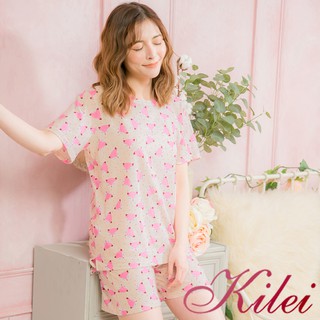 【Kilei】女生睡衣 睡衣套裝 狐狸棉質前短後長短袖二件式睡衣組XA4083(溫暖米杏)全尺碼