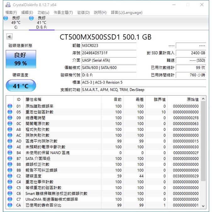 自售不接受議價-美光MX500 SSD 500G 760HR