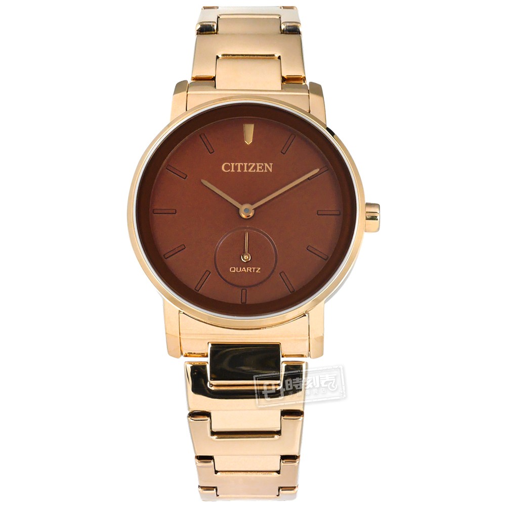 CITIZEN / 簡約時尚 礦石強化玻璃 日本機芯 不鏽鋼手錶 紅褐x香檳金 / EQ9063-55X / 34mm