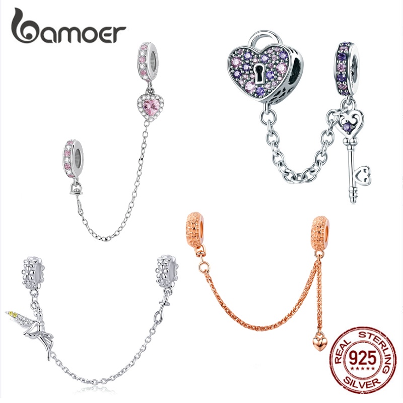 Bamoer 安全鏈 925 純銀永恆之心珠寶手鍊吊飾多功能情侶禮物