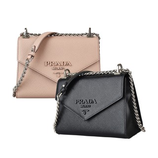 PRADA Saffiano裸粉/黑字母LOGO防刮牛皮釦式斜背包(兩色)