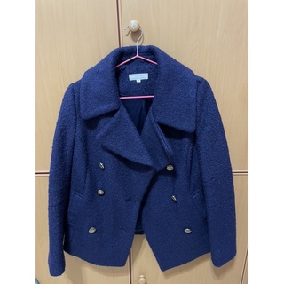 韓國 外套 翻領 排扣 深藍色 西裝外套 韓版 大衣 毛呢外套