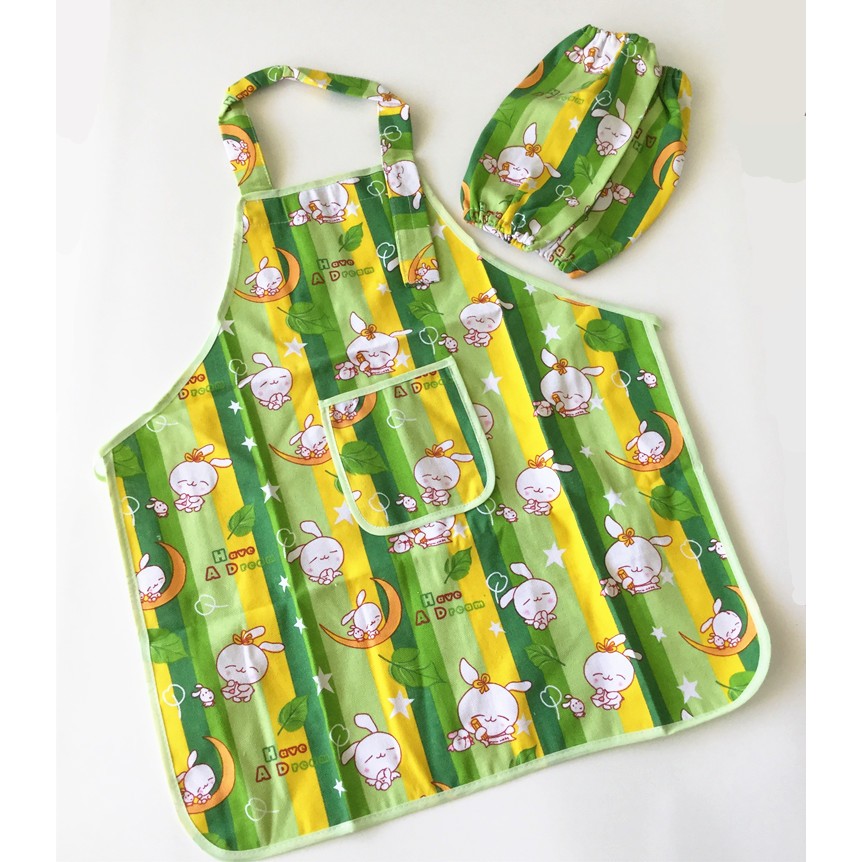 [韓風童品]卡通圖案兒童圍裙/罩衣/書法畫畫衣/兒童廚房工作服 帶袖套  綠色小兔子