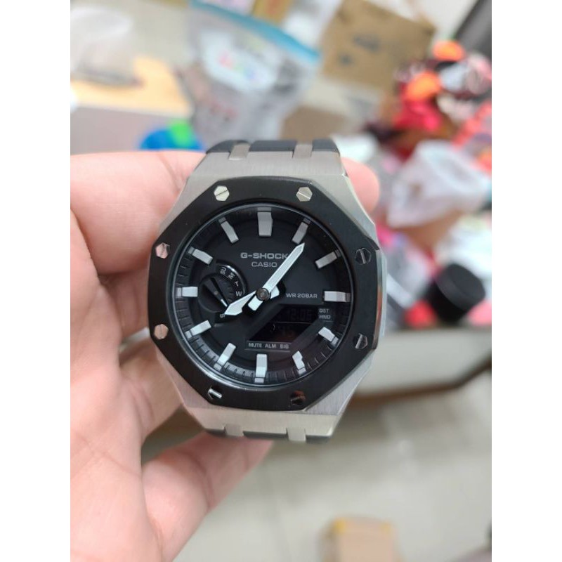 CASIO GA2100 農家橡樹改裝套組 銀框黑圈+橡膠錶帶 含錶整組賣