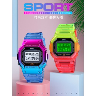 兒童手錶 台灣出貨 超商免運 時刻美時尚方形多功能學生電子錶透明錶帶運動腕表夜光錶1622