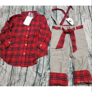 全新日本nissen女童紅色格紋兩穿長袖上衣+卡其反折吊帶褲-110cm