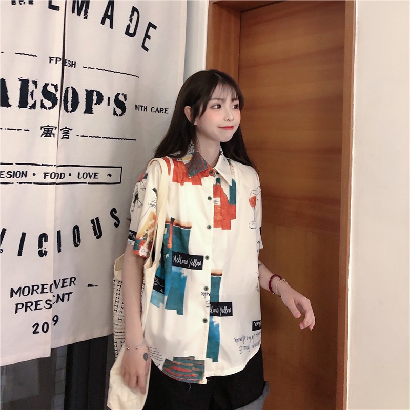 StoryWear - 拼接短袖襯衫 - 藍薄 Oversized Short Sleeve Shirt