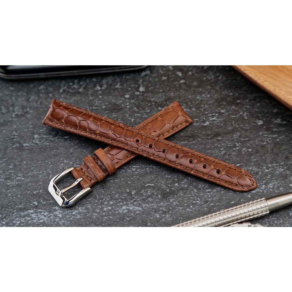 超值14mm高質感！特殊棕色 鱷魚皮紋真皮錶帶, 皮底皮面, 不鏽鋼製錶扣