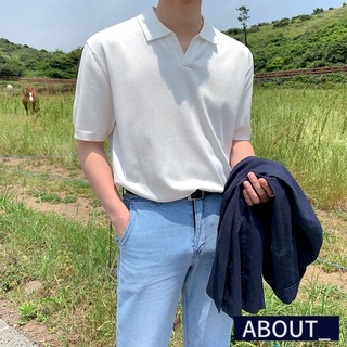 【ABOUT_歐巴】純色翻領針織Polo衫 韓 短袖上衣 百搭 基本 夏季 男