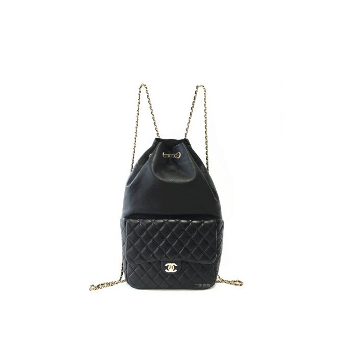 二手旗艦 Chanel 黑色 小羊皮 前小菱格轉釦 口袋 金鍊 後背包 (中友店) 17501