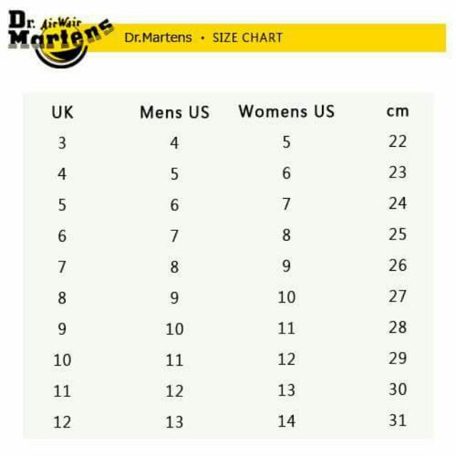 dr martens size chart in cm