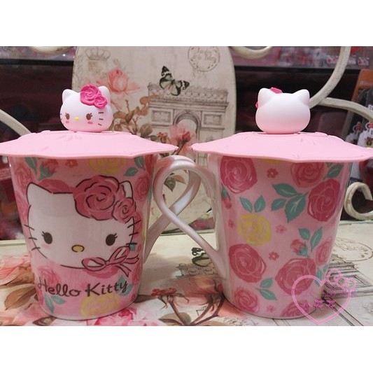 ♥小花花日本精品♥HelloKitty大臉玫瑰花造型馬克杯附矽膠造型杯蓋立體大頭公仔11609605