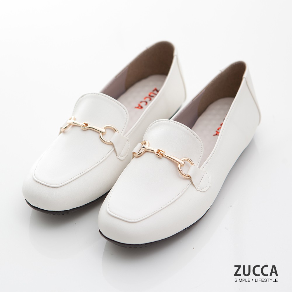 【ZUCCA】環釦金屬皮革平底鞋-z6902we-白