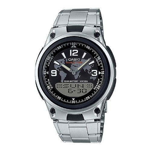 【CASIO】10年電力商務型男世界地圖不鏽鋼雙顯錶-黑面(AW-80D-1A2)正版宏崑公司貨