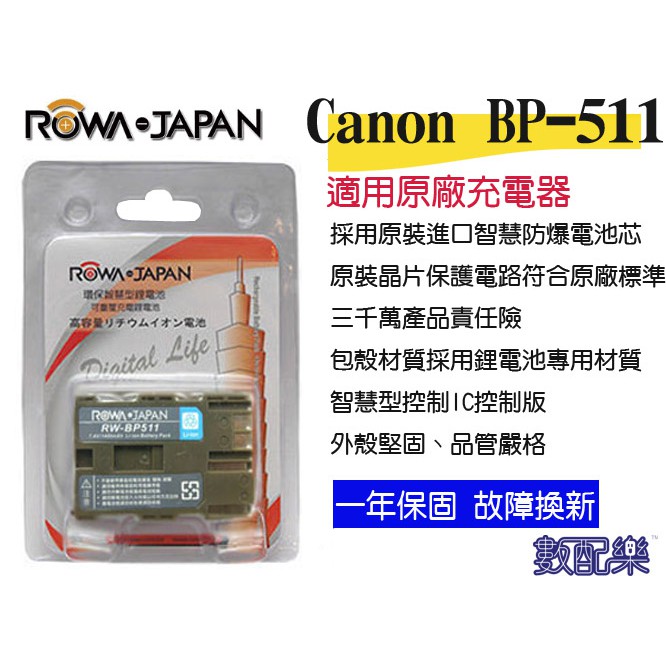 數配樂 樂華 ROWA Canon BP-511A 電池 30D 40D 300D D60 D30 G6 G1 G2